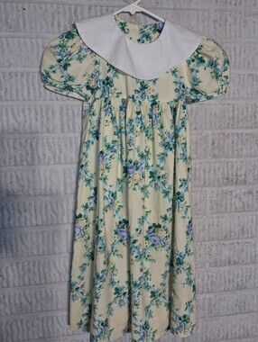 Vintage Girls' Yellow Floral Dress with White Peter Pan Collar Cottage Core Sz5